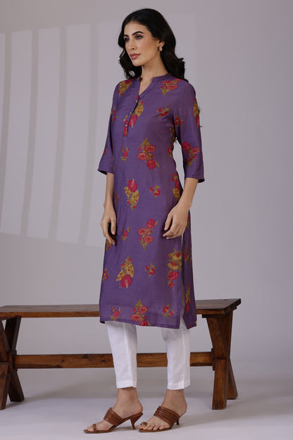 Purple Floral Straight Muslin Kurta