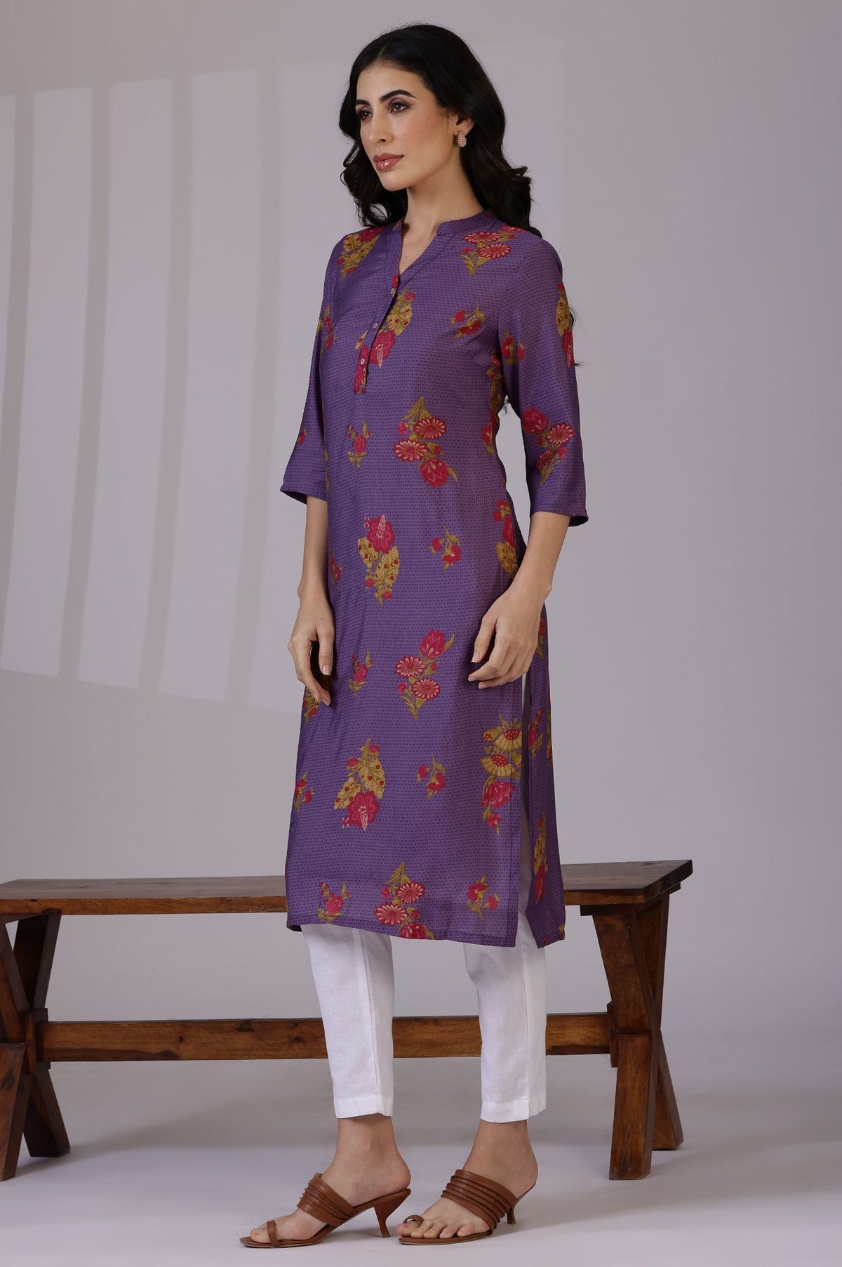 Purple Floral Printed Muslin Straight Kurta