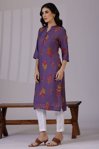 Purple Floral Printed Muslin Straight Kurta