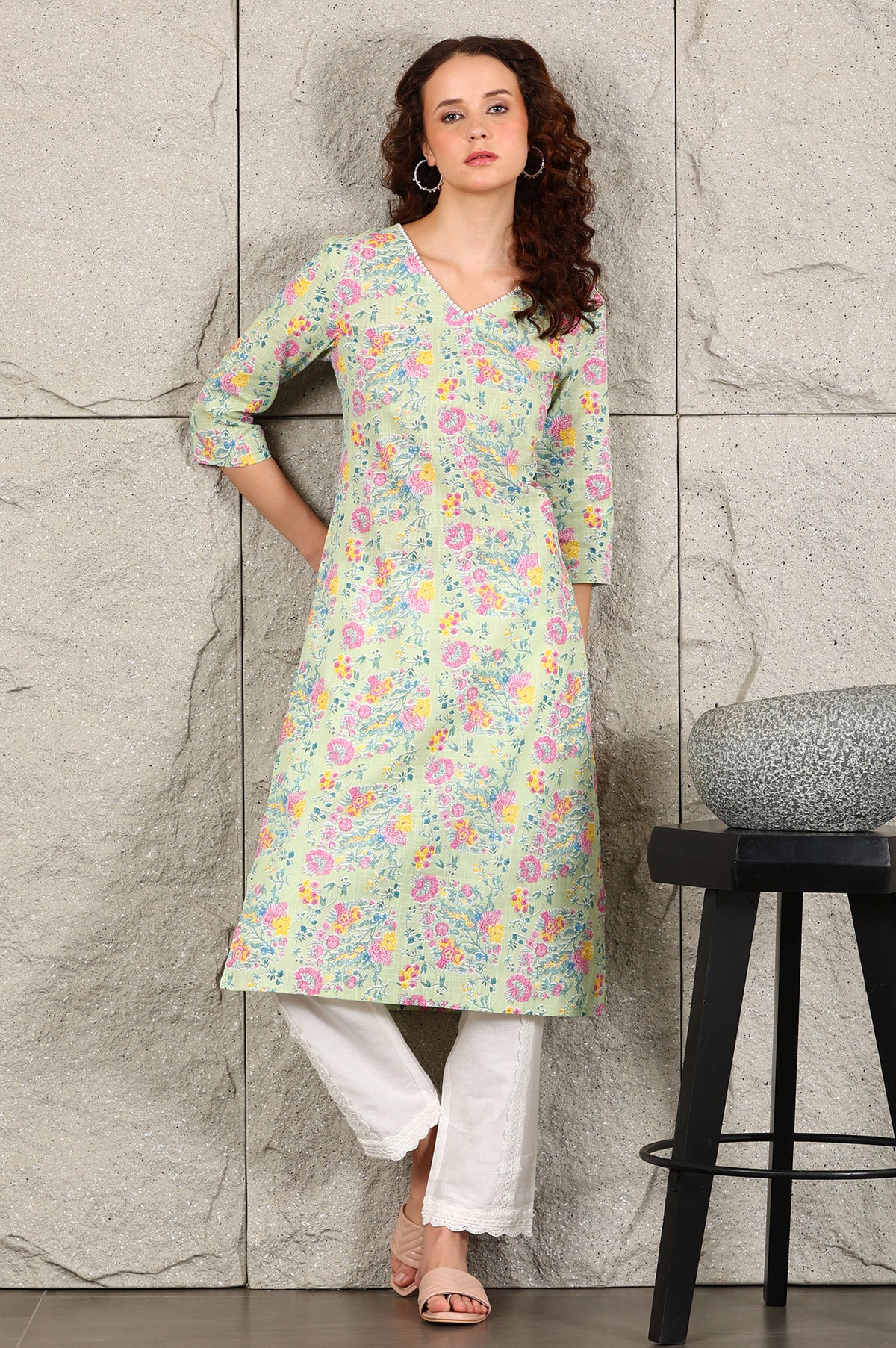 Mint Green Floral Printed Pure Cotton Kurta With Lace V-Neck - XXL
