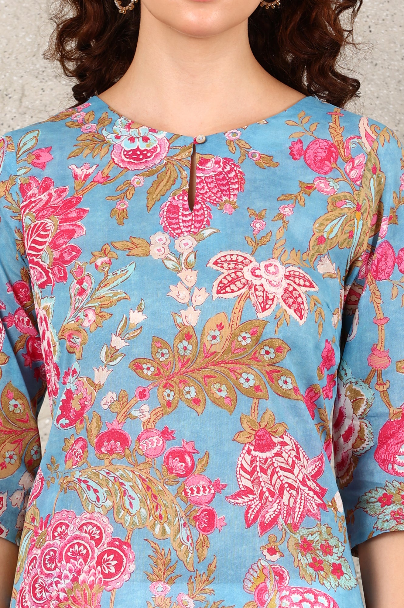 Blue Floral Straight Cotton Kurta