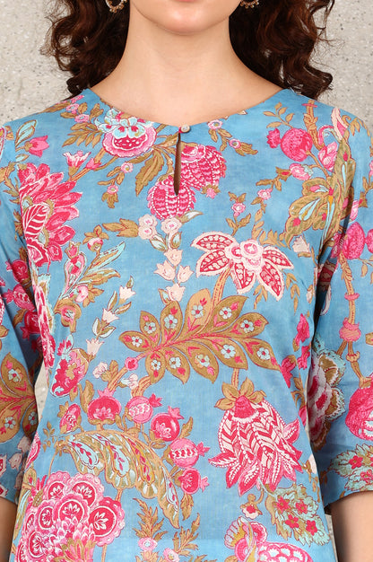 Blue Floral Straight Cotton Kurta