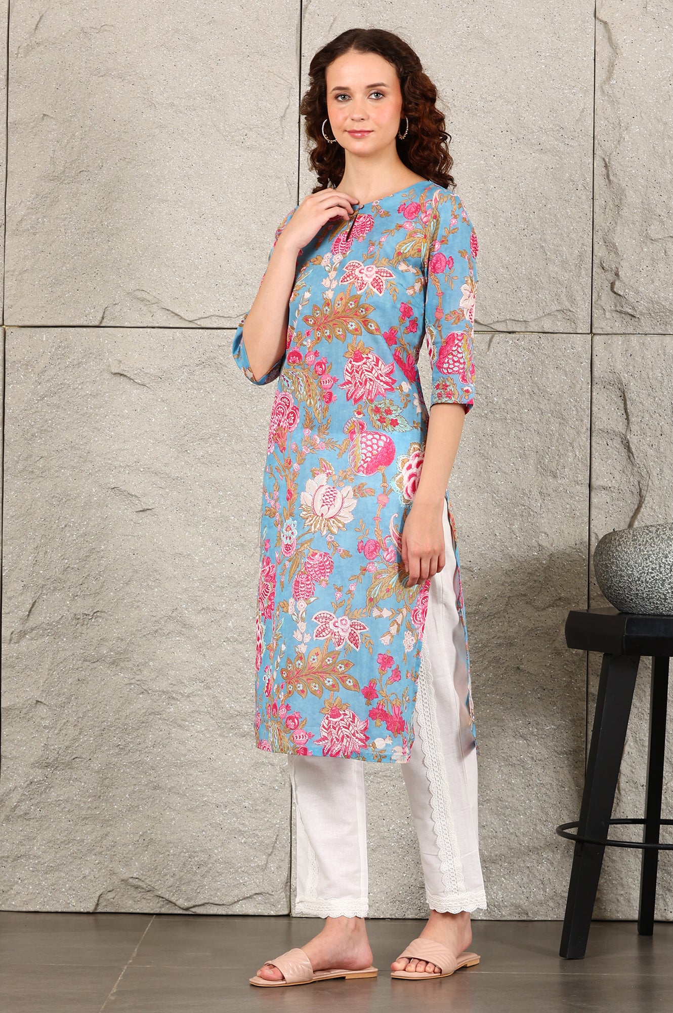 Blue Floral Straight Cotton Kurta
