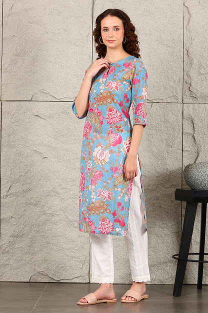 Blue Floral Straight Cotton Kurta