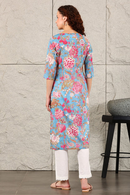 Blue Floral Straight Cotton Kurta