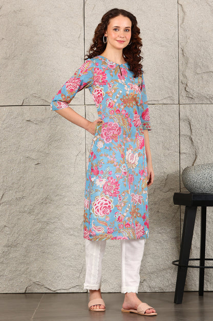 Blue Floral Straight Cotton Kurta