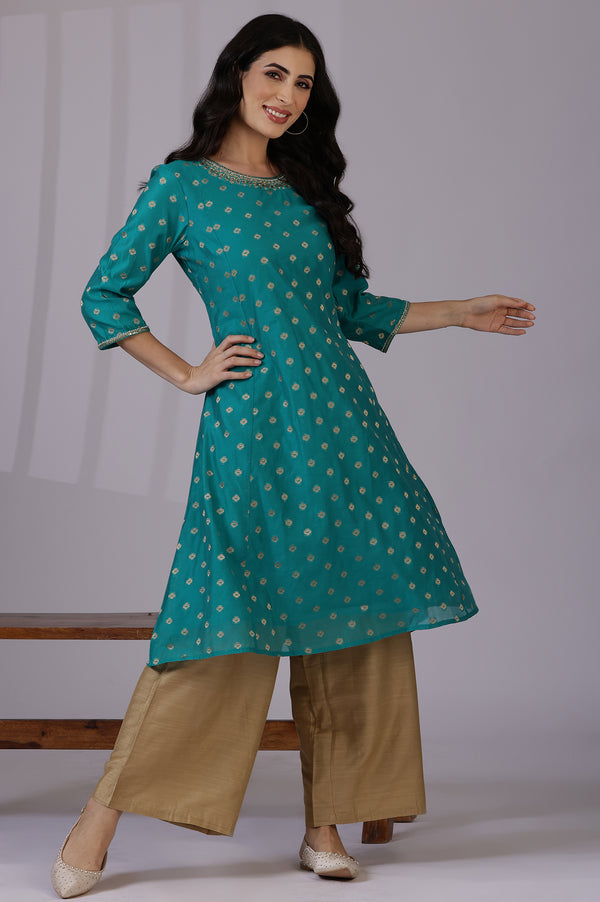 Teal Green Yarn-Dyed Chanderi Straight Kurta with Embroidered Neck