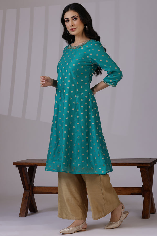 Teal Green Yarn-Dyed Chanderi Straight Kurta with Embroidered Neck