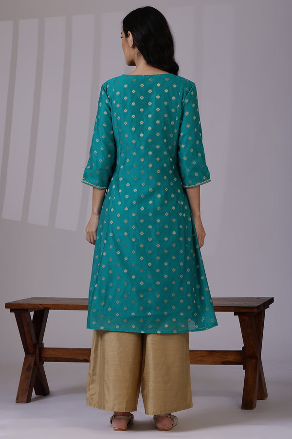 Teal Green Yarn-Dyed Chanderi Straight Kurta with Embroidered Neck