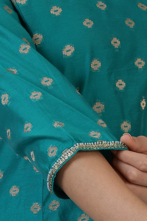 Teal Green Yarn-Dyed Chanderi Straight Kurta with Embroidered Neck