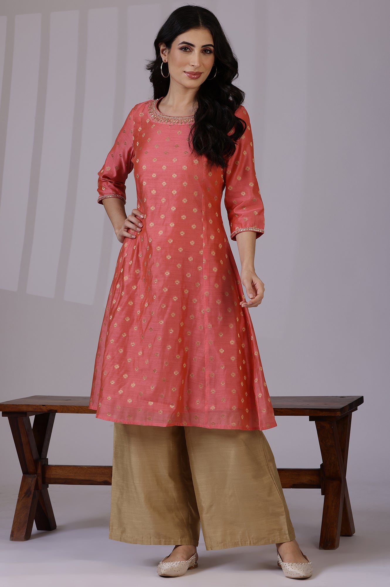 Pink Yarn-Dyed Chanderi Straight Kurta with Embroidered Neck