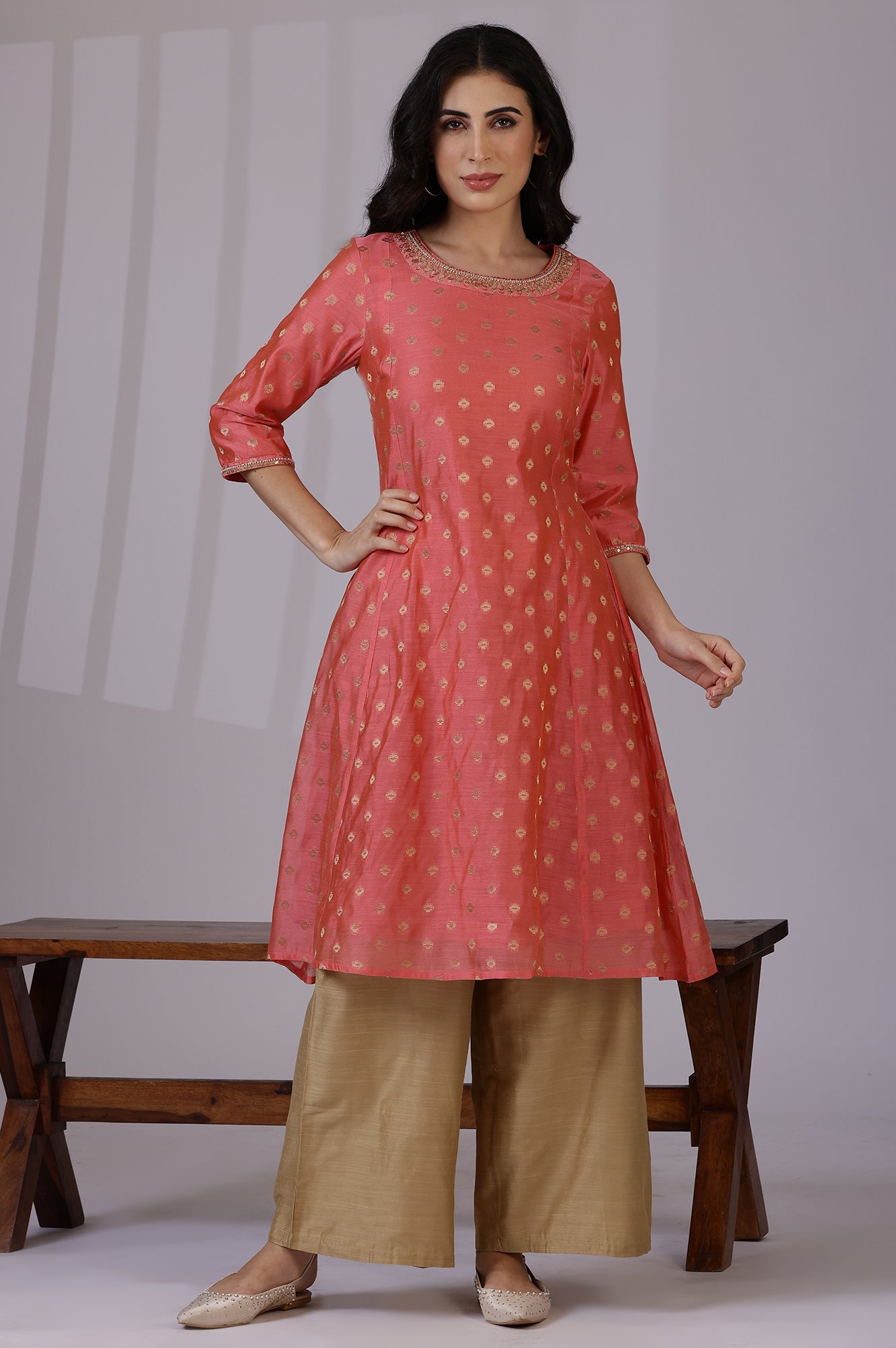Pink Yarn-Dyed Chanderi Straight Kurta with Embroidered Neck