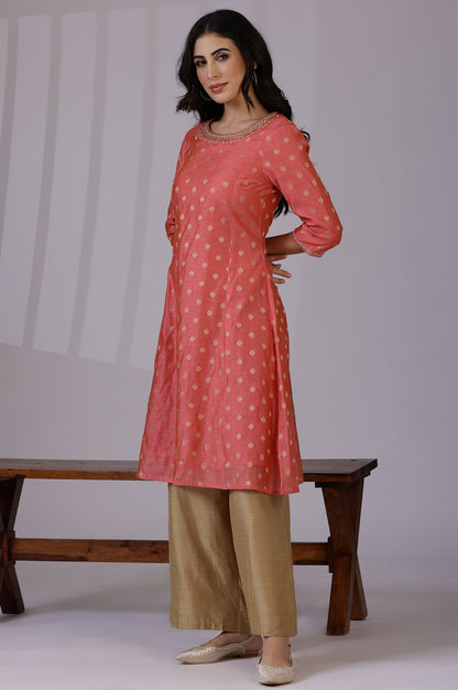 Pink Yarn-Dyed Chanderi Straight Kurta with Embroidered Neck