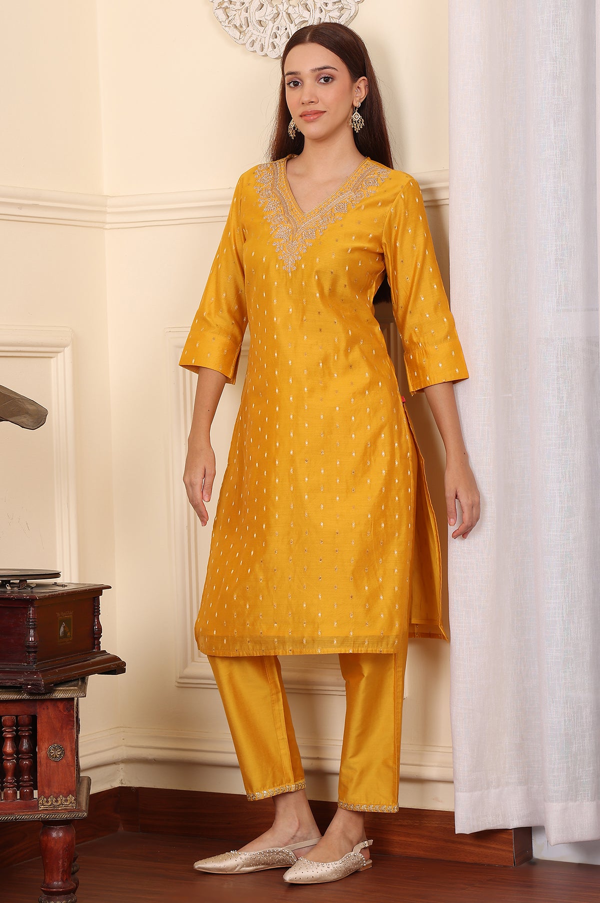 Yellow Dori Embroidered Chanderi Straight Kurta - XS