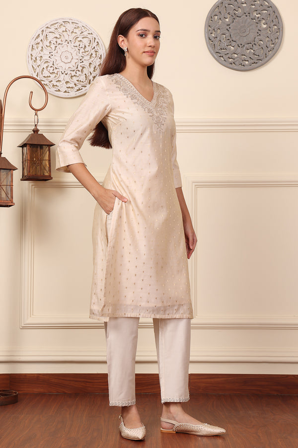 White Dori Embroidered Chanderi Straight Kurta