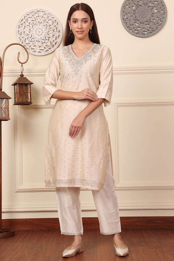 White Dori Embroidered Chanderi Straight Kurta