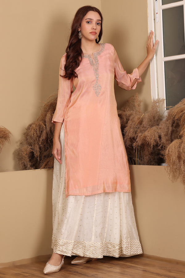 Peach Solid Straight Tissue Kurta With Embroidered Neck