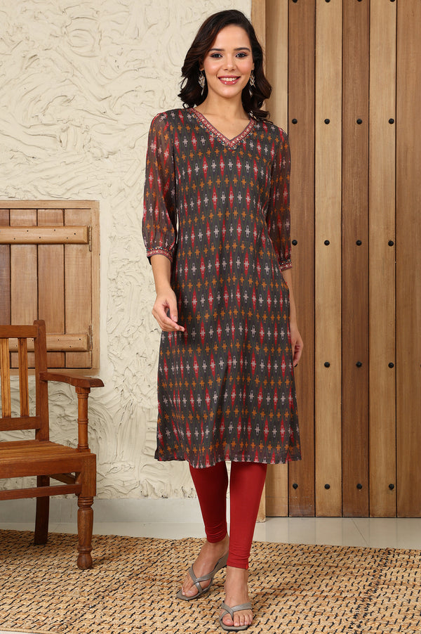 Green Geometric Printed Chiffon Straight Kurta With Sequined Neckline
