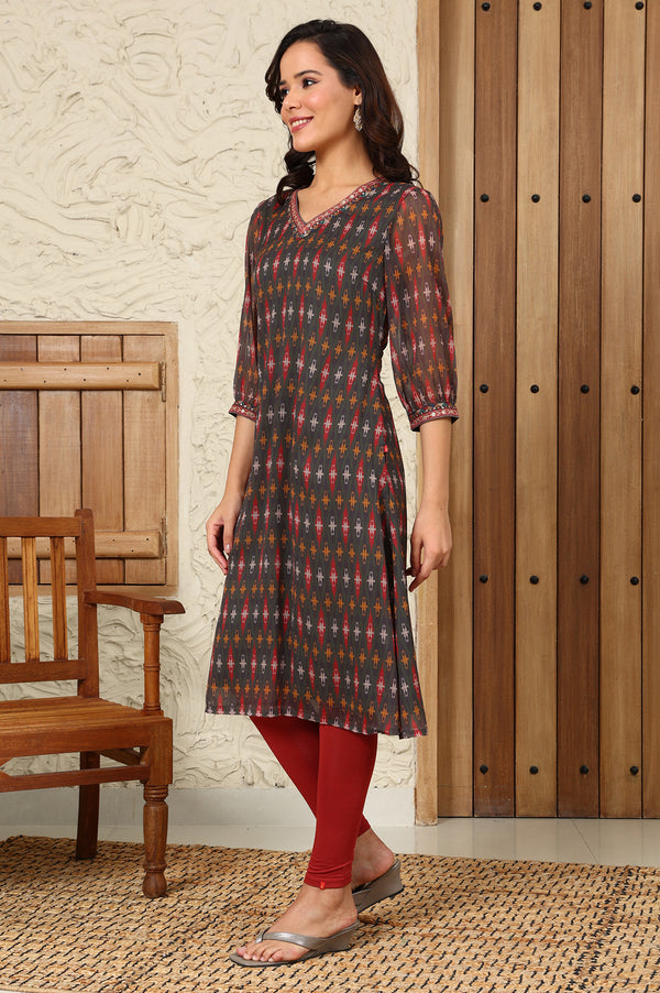 Green Geometric Printed Chiffon Straight Kurta With Sequined Neckline