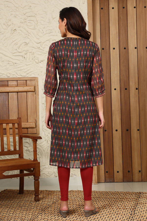 Green Geometric Printed Chiffon Straight Kurta With Sequined Neckline