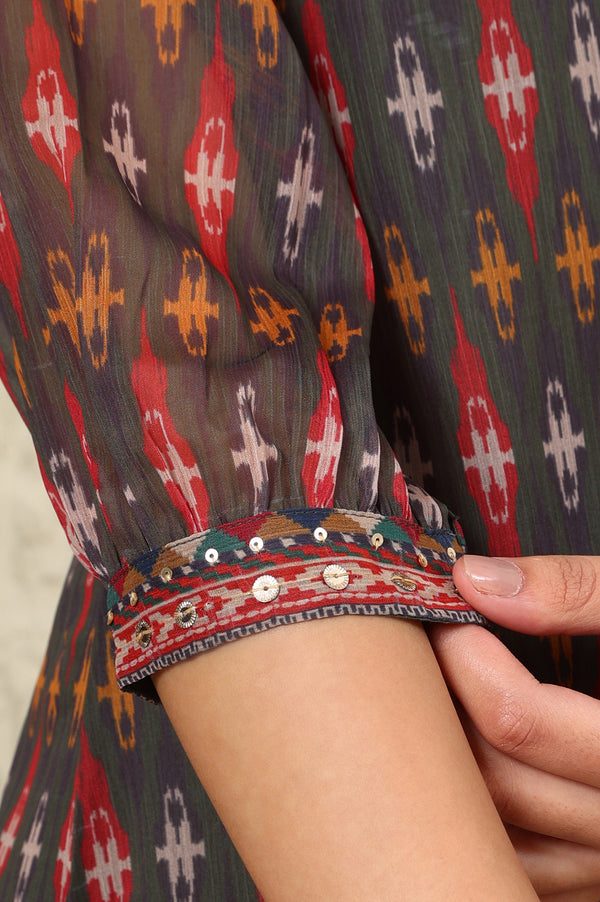 Green Geometric Printed Chiffon Straight Kurta With Sequined Neckline