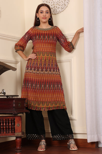 Yellow Ethnic Ikkat Thread Work Straight Woven Kurta