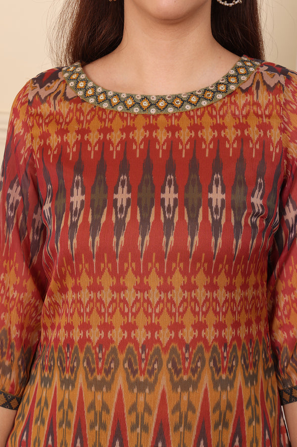 Mustard Yellow Ikkat Printed Layered Kurta With Embellished Neck