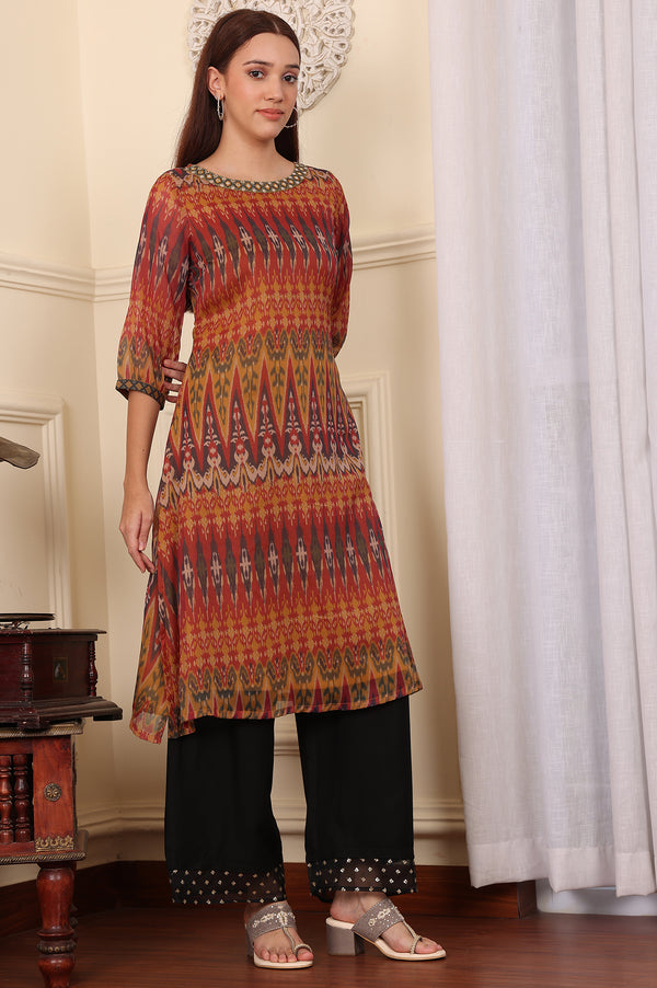 Mustard Yellow Ikkat Printed Layered Kurta With Embellished Neck