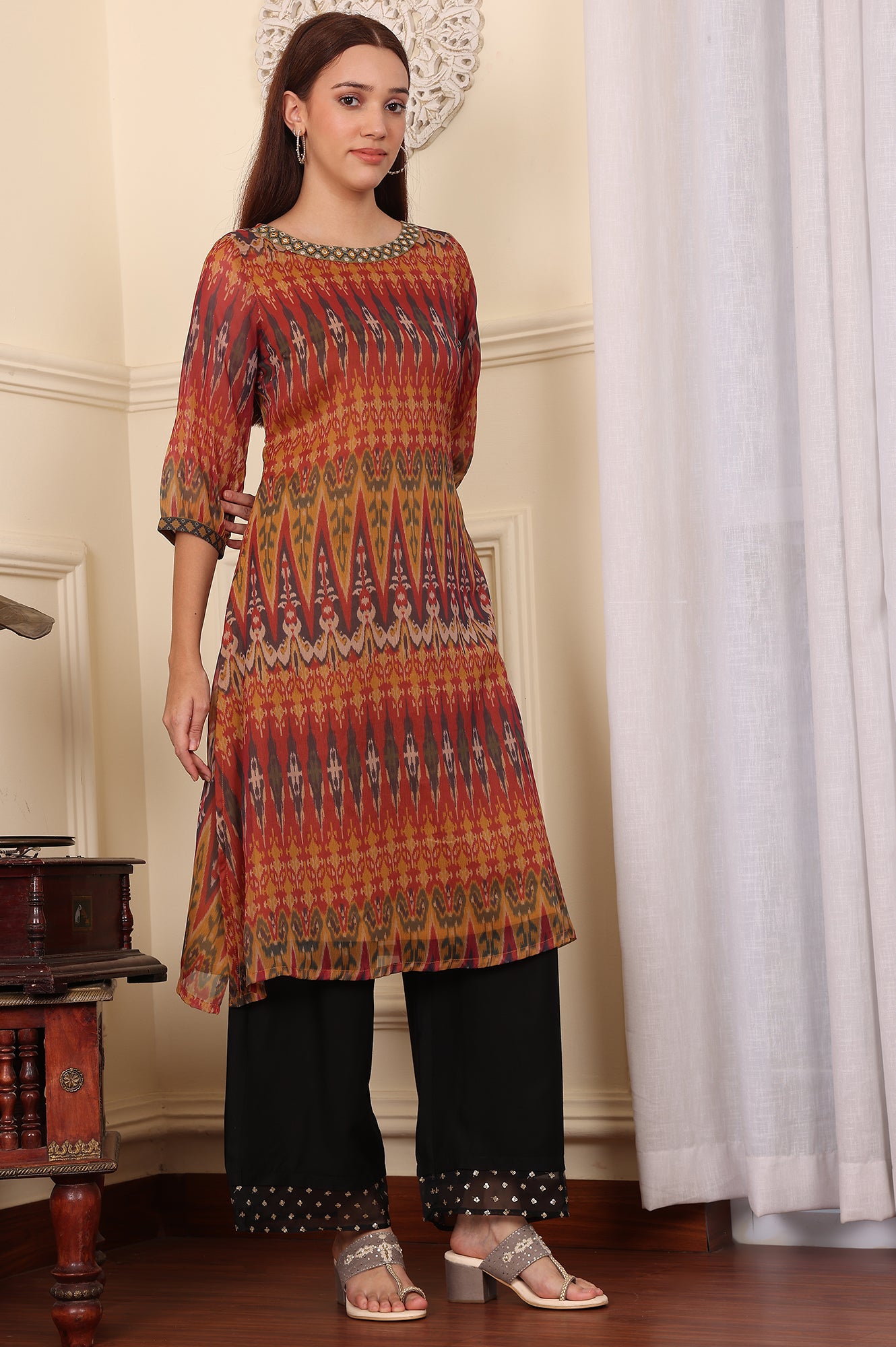 Yellow Ethnic Ikkat Thread Work Straight Woven Kurta