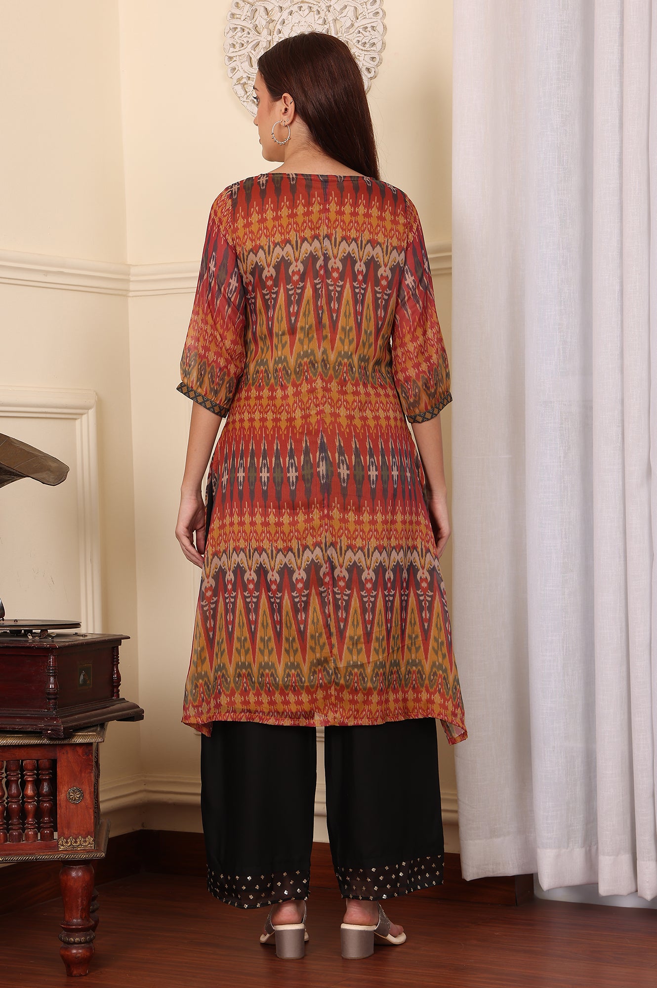 Yellow Ethnic Ikkat Thread Work Straight Woven Kurta