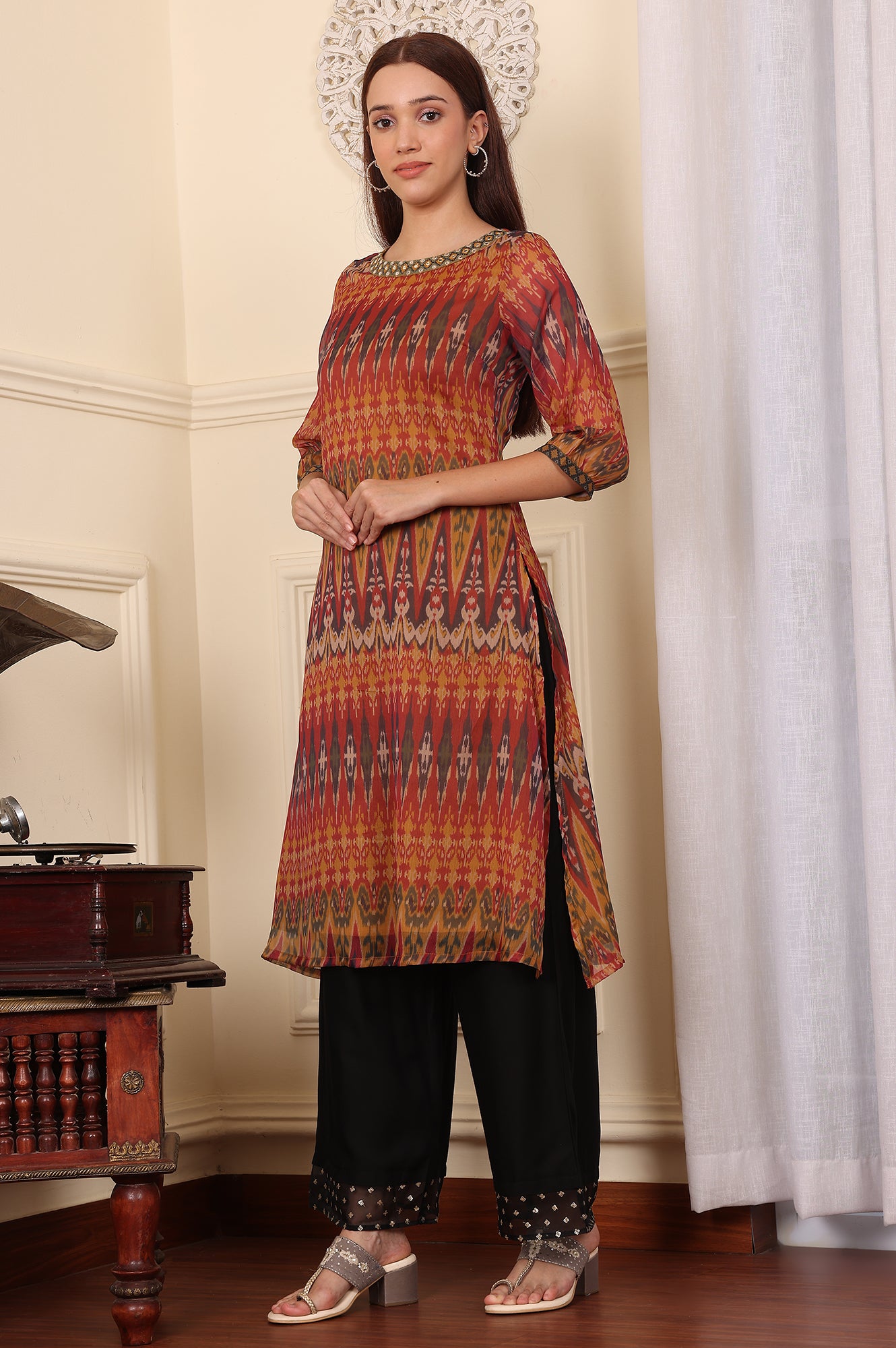Yellow Ethnic Ikkat Thread Work Straight Woven Kurta