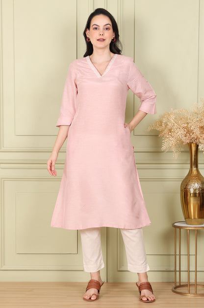 Pink Snow Linen Straight Kurta with Thread Embroidery