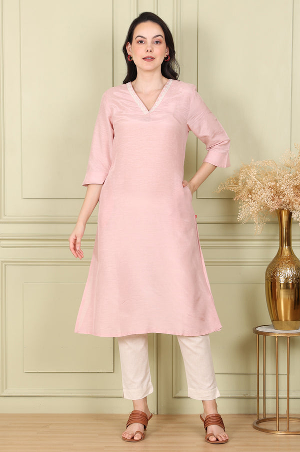 Pink Snow Linen Straight Kurta with Thread Embroidery