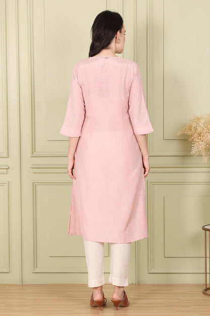 Pink Snow Linen Straight Kurta with Thread Embroidery