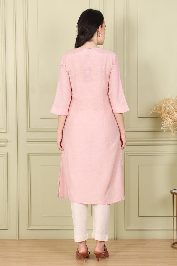Pink Snow Linen Straight Kurta with Thread Embroidery