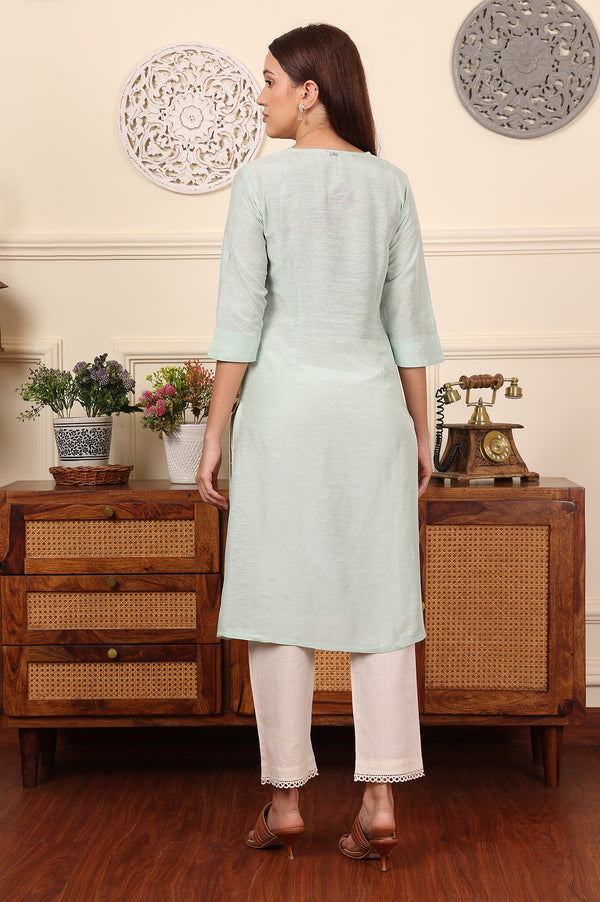 Blue Solid Snow Linen Straight Kurta With Thread Work On Neck