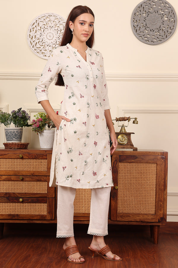 Off White Floral Printed Cotton Flax Straight Kurta