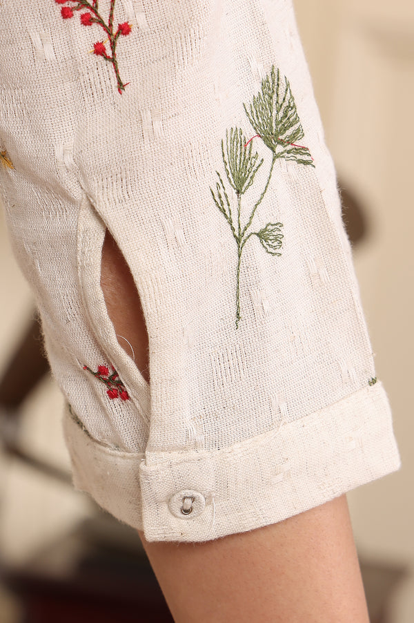 Off White Floral Printed Cotton Flax Straight Kurta