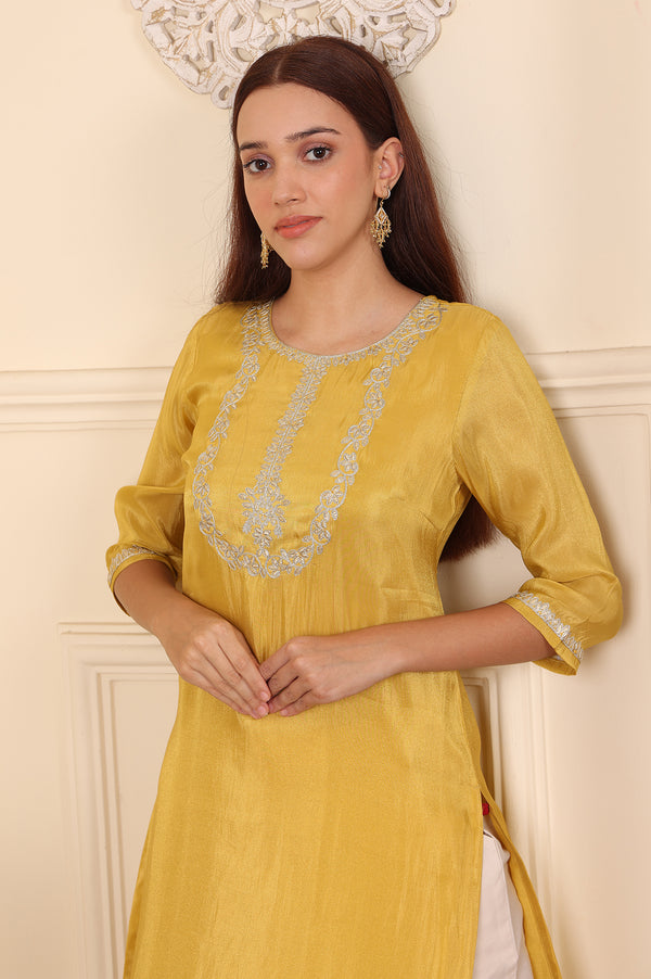 Yellow Dori Embroidered Straight Tissue Kurta
