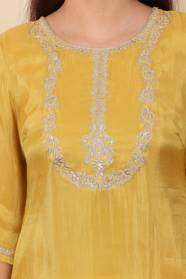 Yellow Dori Embroidered Straight Tissue Kurta