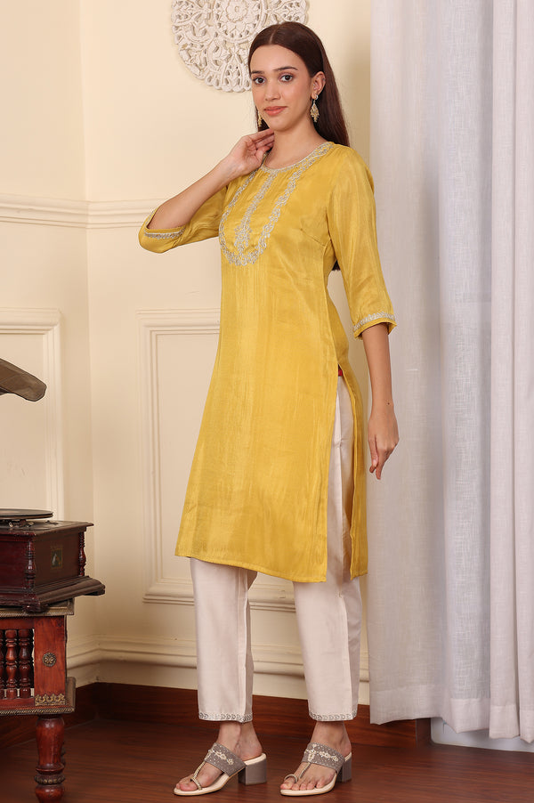 Yellow Dori Embroidered Straight Tissue Kurta