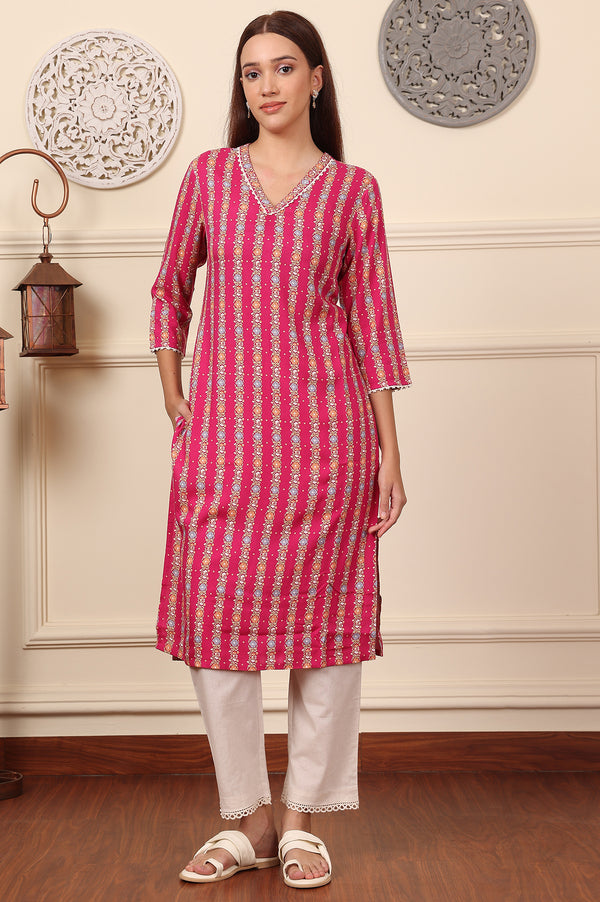 Fuchsia Pink Floral Printed V-Neck Rayon Kurta