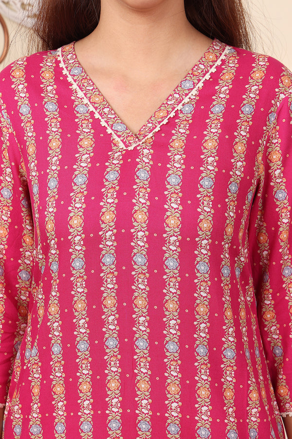 Fuchsia Pink Floral Printed V-Neck Rayon Kurta