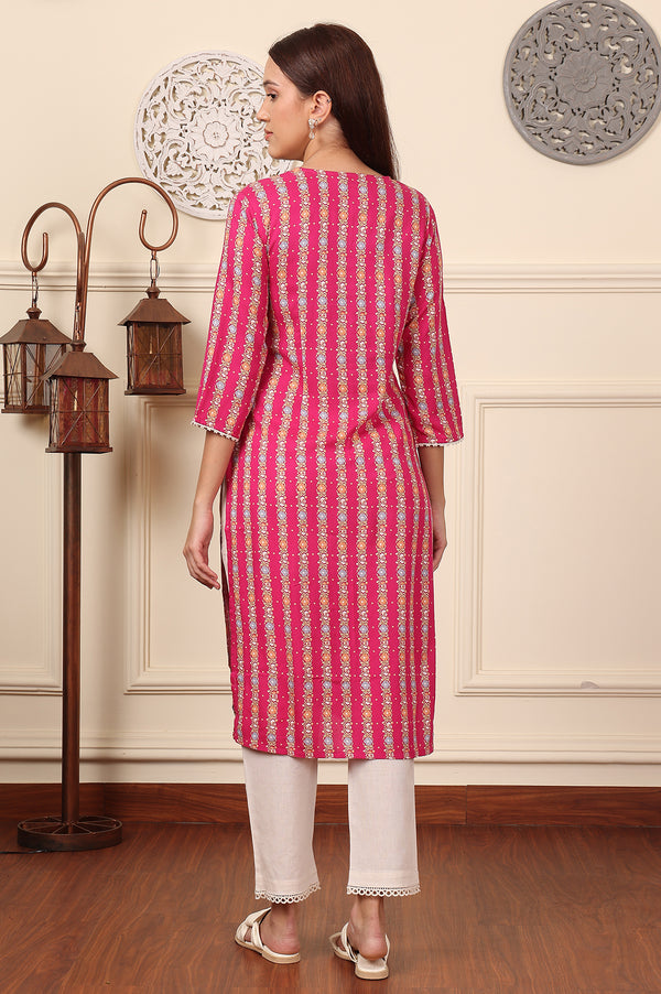 Fuchsia Pink Floral Printed V-Neck Rayon Kurta