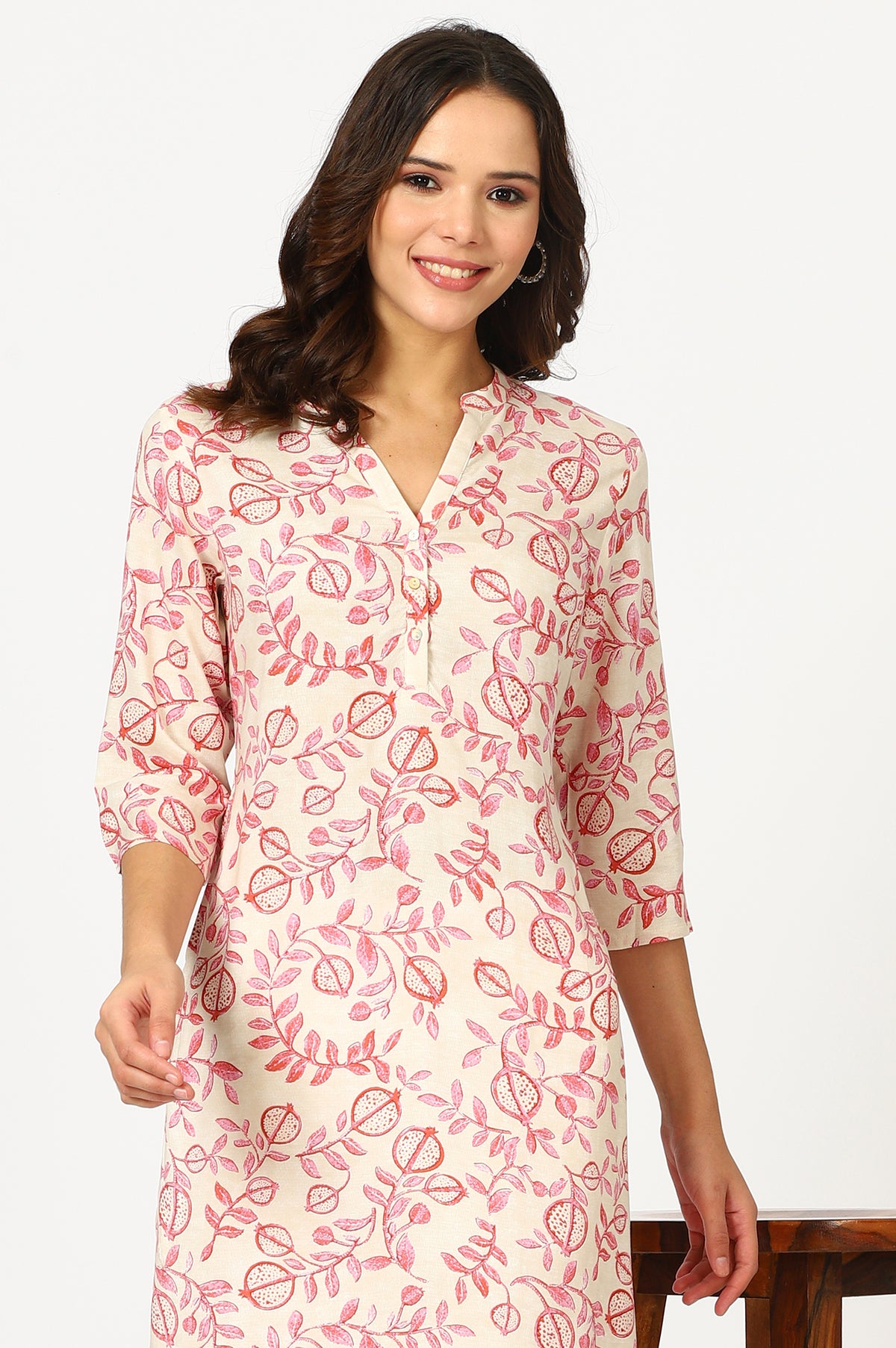 Beige Floral Straight Rayon Kurta - XS