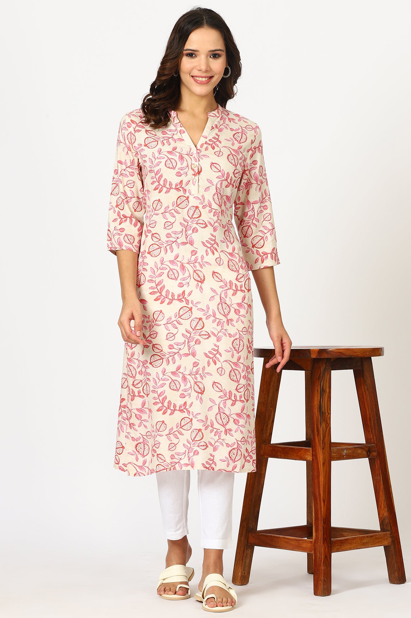 Beige Floral Straight Rayon Kurta