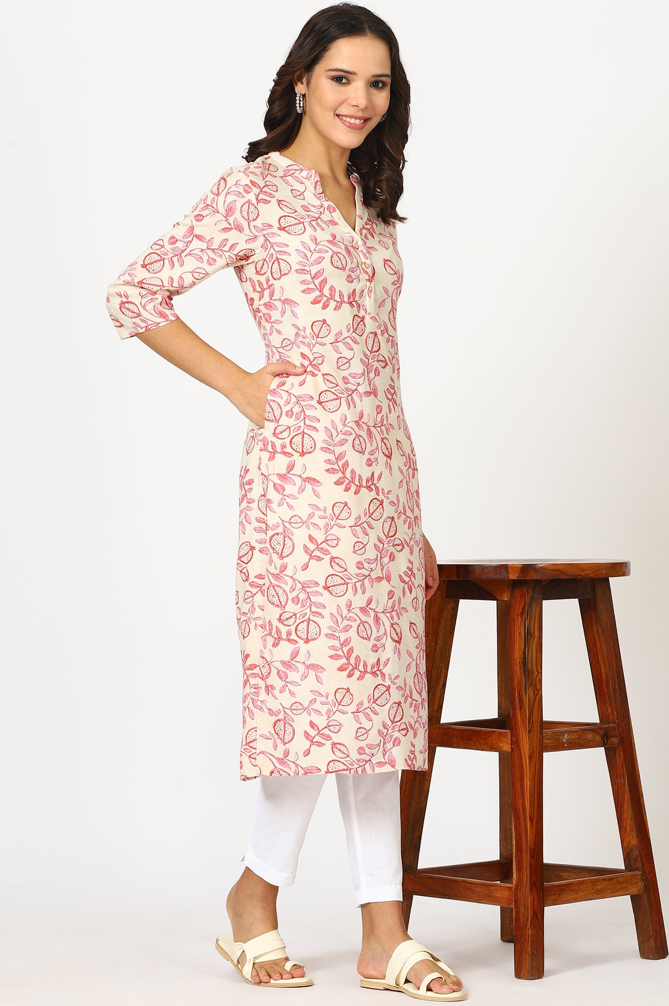 Beige Floral Straight Rayon Kurta