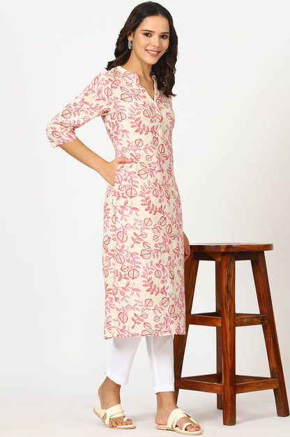 Beige Floral Straight Rayon Kurta