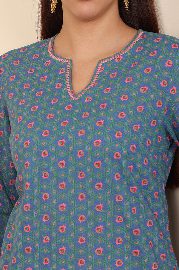 Blue Geometric Printed Pure Cotton Straight Kurta