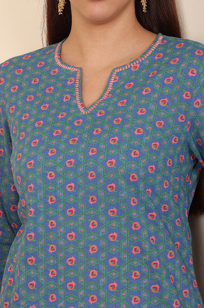 Blue Geometric Thread Work Straight Cotton Kurta